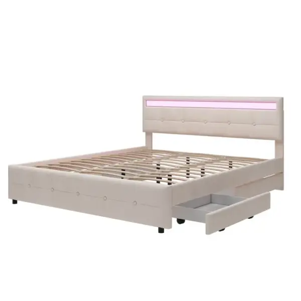 Lit Rembourré 180 X 200 Cm, Lit Double, Cadre De Lit LED Avec 4 Tiroirs,beige