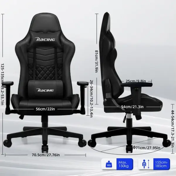 Chaise Gaming Charge 150kg, Fauteuil Bureau Ergonomique, Assise De 56cm, Hauteur, Coussins Réglables