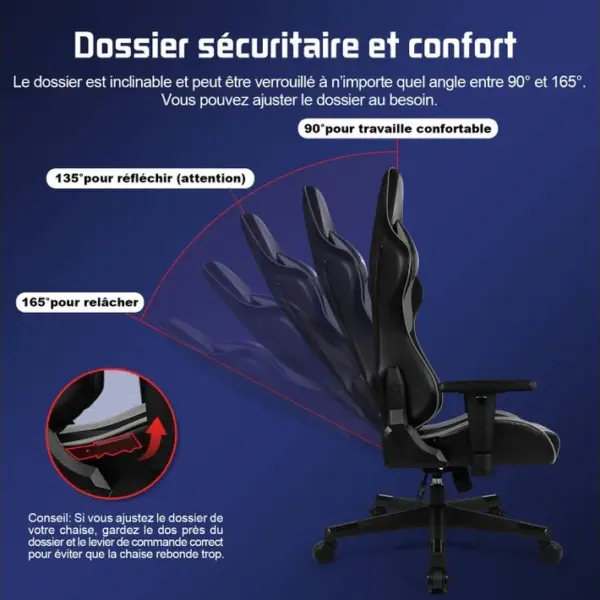 Chaise Gaming Inclinable à 165° Accoudoirs Réglables 56CM Assise Charge 150kG en Cuir PU et Acier