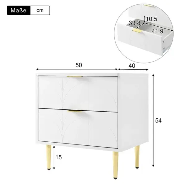 Tables De Nuit Modernes, 2 Tiroirs, Pieds Dorés, Motif Floral, 50x40x54 Cm, Blanc (set De 2)