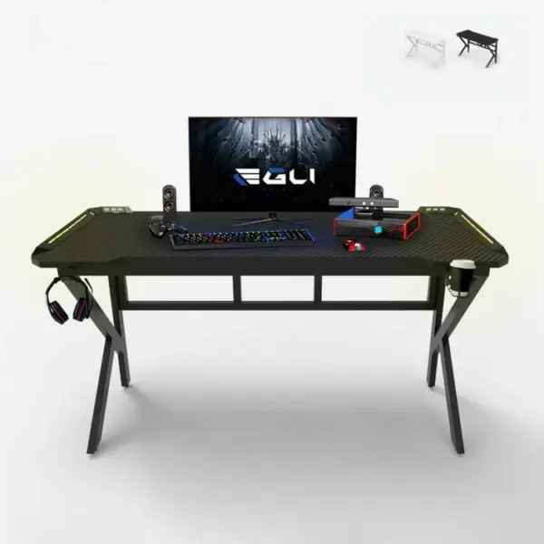 Bureau Gamer LED Carbone Porte-gobelet Design Ergonomique 120x60 Limon