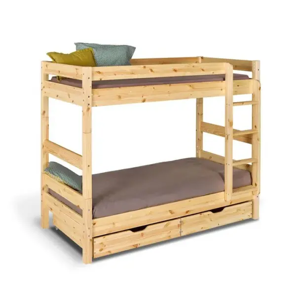 Pack Lit Superposé Séparable Avec Tiroirs Et 2 Matelas Aaron Bois Naturel 90x190 Cm