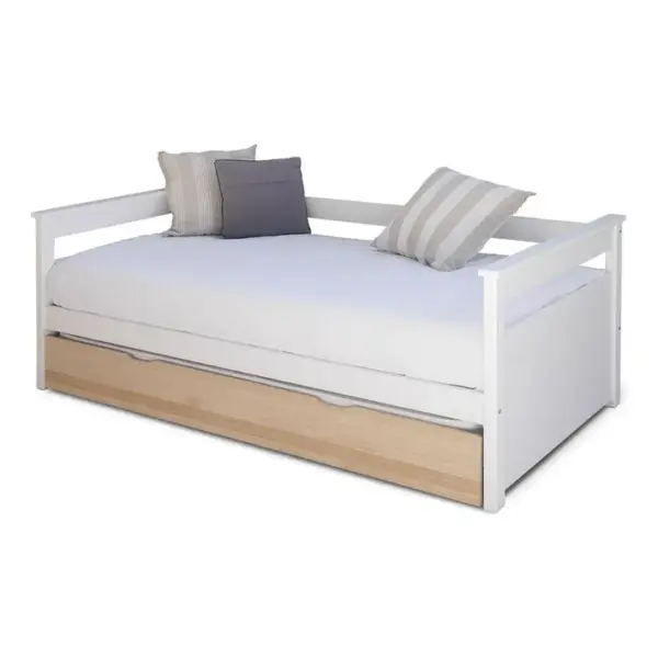 Pack Lit Gigogne Avec 2 Matelas Izao Blanc Et Bois 90x190 Cm