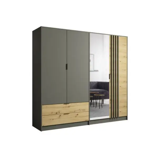 Armoire 4 Portes Avec Miroir + 2 Tiroirs Rimini - Naturel