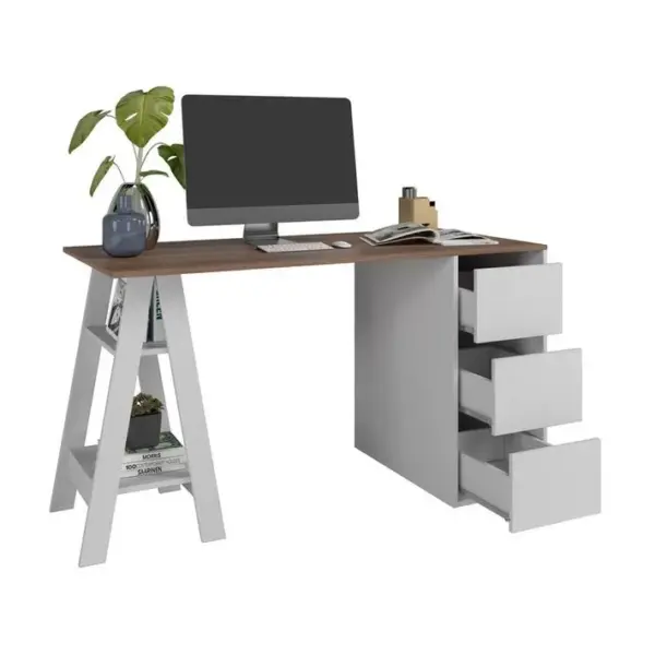 Bureau Tréteau Et Caisson 3 Tiroirs Blanc Et Châtaignier L 135 H 75 P 60 Cm