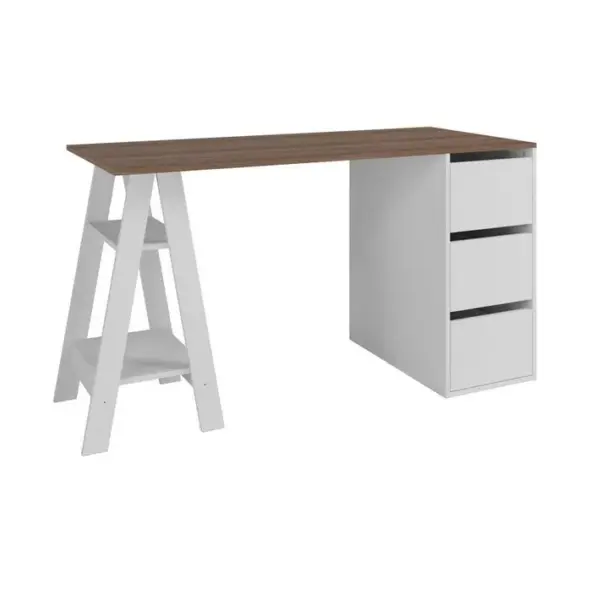 Bureau Tréteau Et Caisson 3 Tiroirs Blanc Et Châtaignier L 135 H 75 P 60 Cm