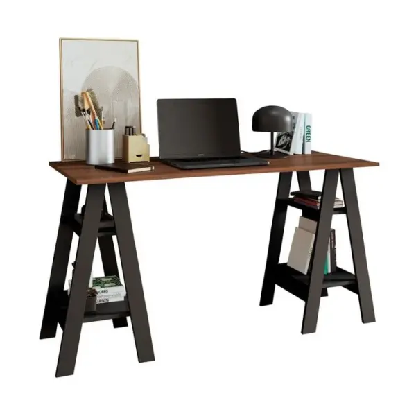 Bureau 2 Tréteaux 4 Niches Noir Et Châtaignier L 135 H 75 P 60 Cm