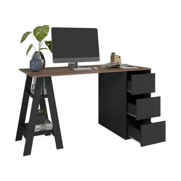 Bureau Tréteau Et Caisson 3 Tiroirs Noir Et Châtaignier L 135 H 75 P 60 Cm