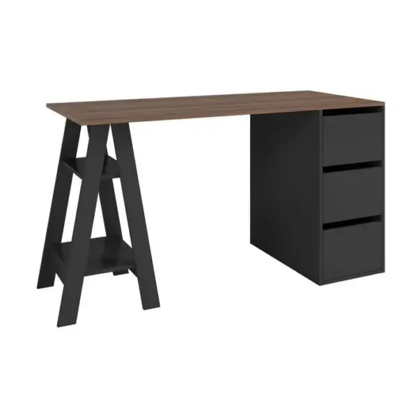 Bureau Tréteau Et Caisson 3 Tiroirs Noir Et Châtaignier L 135 H 75 P 60 Cm