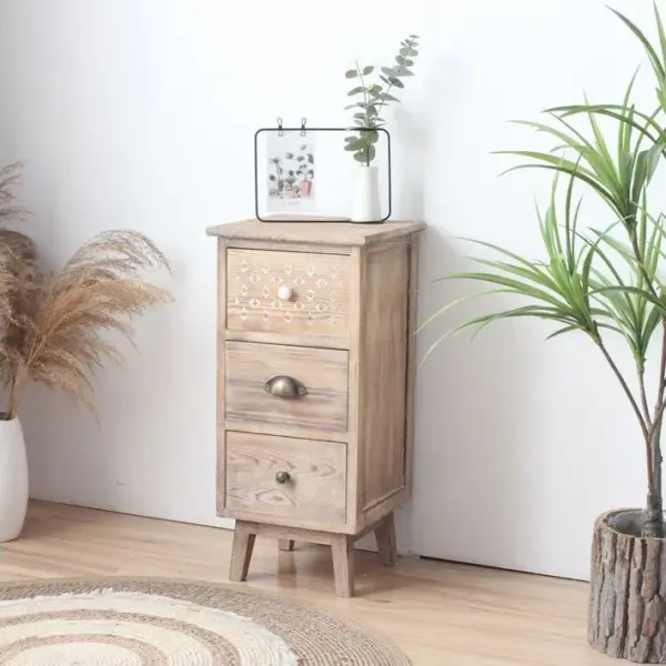 Table De Nuit Étroite À 3 Tiroirs En Bois Ancien Pour Chambre À Coucher