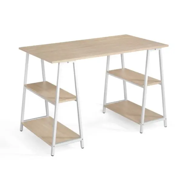 Bureau En Mélamine Et Métal Avec Étagères, Modèle Design, En Chêne Clair Et Blanc