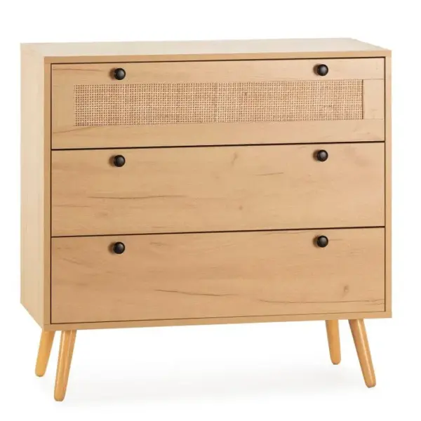 Commode Nuit Bella 3 Tiroirs Couleur Chêne Avec Rotin Naturel