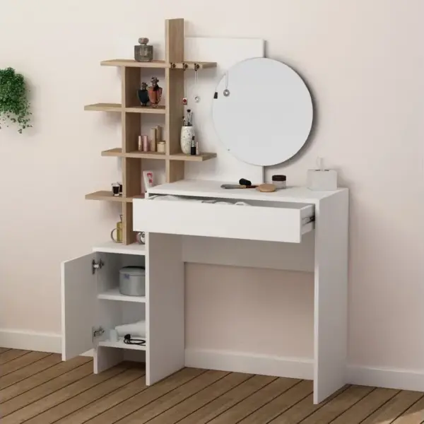 Coiffeuse Avec Étagère Et Miroir Martin L105xh151cm Bois Et Blanc