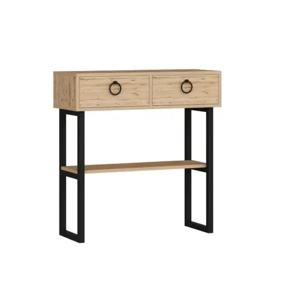 Console 2 Tiroirs Naihi L90cm Métal Noir Et Bois Foncé