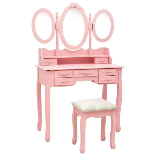 Coiffeuse Avec Tabouret Et Miroir Pliable En 3 Rose