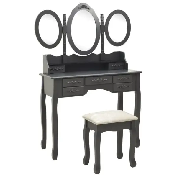 Coiffeuse Avec Tabouret Et Miroir Pliable En 3 Gris