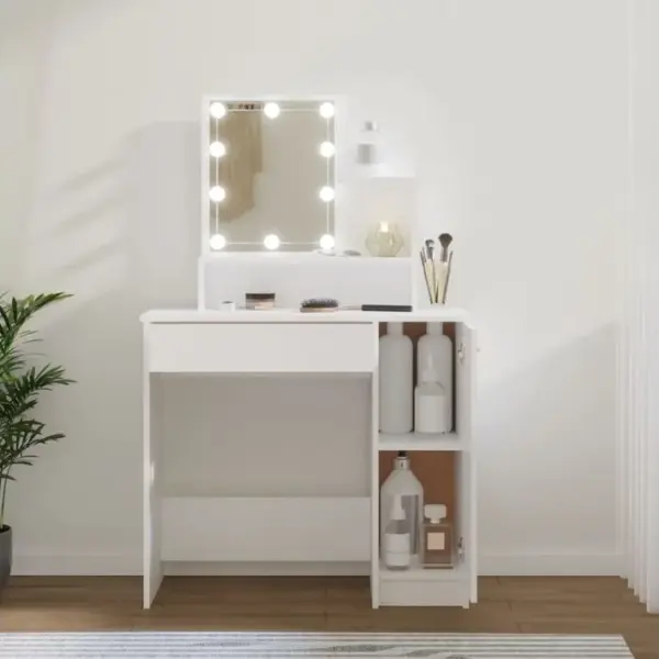 Coiffeuse Avec LED Et Miroir Blanc 86,5x35x136 Cm Table De Maquillage Meuble Cosmétique