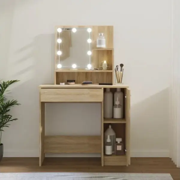 Vidaxl Coiffeuse Avec LED Et Miroir Chêne Sonoma 86,5x35x136cm Table De Maquillage Meuble Cosmétique