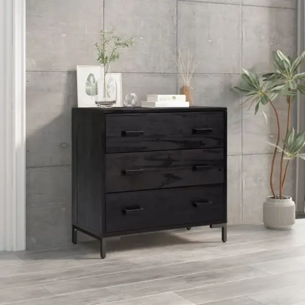 Commode Noir 75x35x70 Cm Bois De Pin Massif