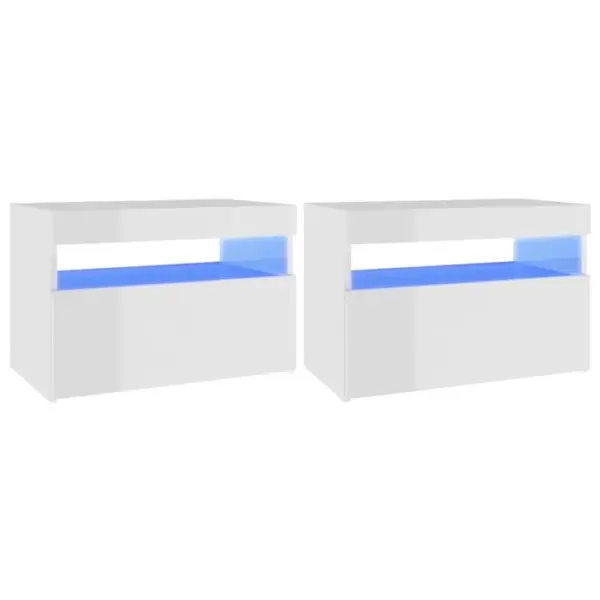 Lot De 2 Tables De Chevet Lumières LED - Tables De Nuit Blanc Brillant 60x35x40 Cm