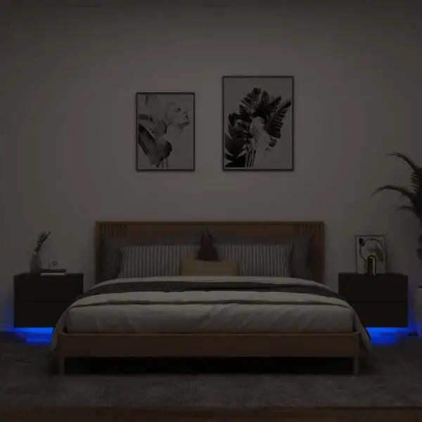 Lot De 2 Tables De Chevet Murales - Tables De Nuit Avec Lumières LED Noir