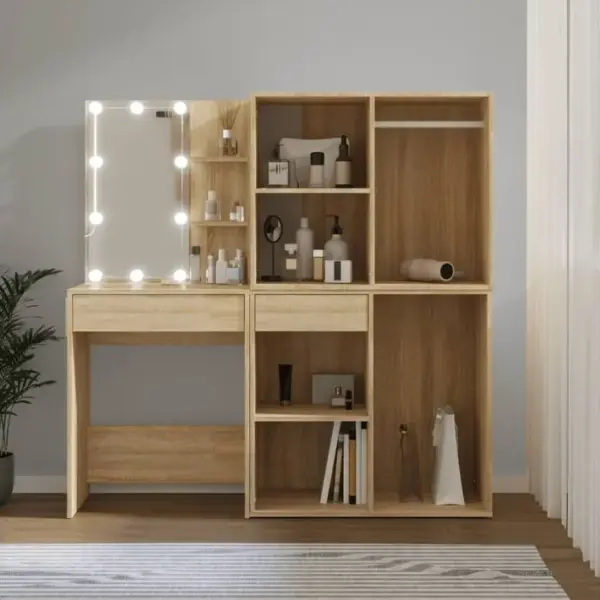 Coiffeuse - Table De Maquillage à LED Avec 2 Armoires Chêne Sonoma Bois Dingénierie