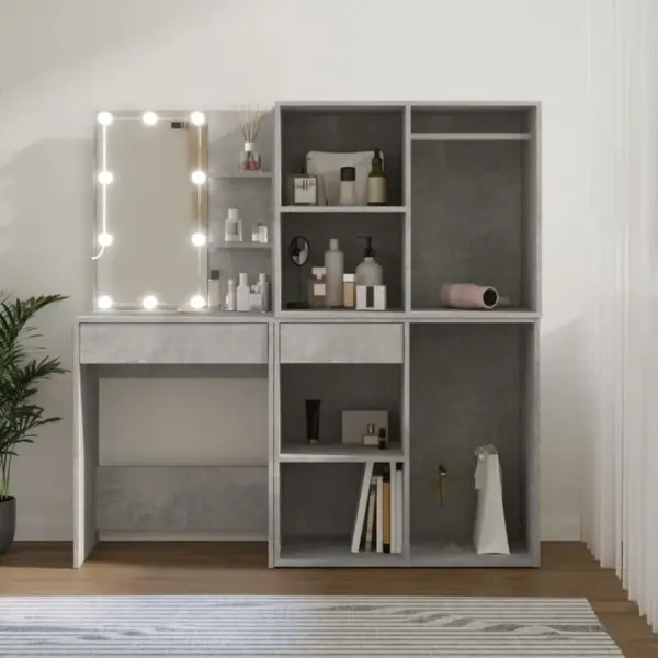 Coiffeuse - Table De Maquillage à LED Avec 2 Armoires Gris Béton Bois Dingénierie