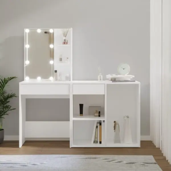 Coiffeuse - Table De Maquillage à LED Avec Armoire Blanc Bois Dingénierie