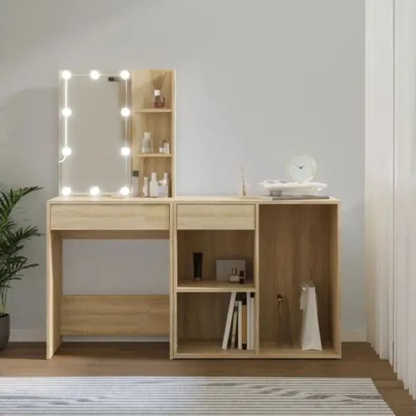 Coiffeuse - Table De Maquillage à LED Avec Armoire Chêne Sonoma Bois Dingénierie