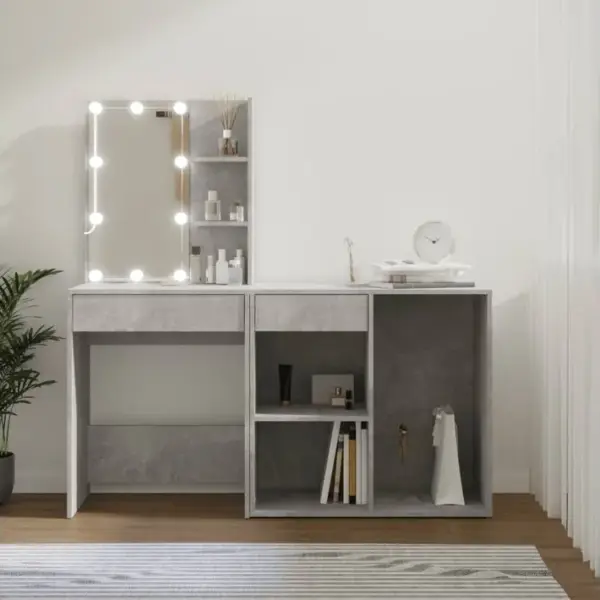 Coiffeuse - Table De Maquillage à LED Avec Armoire Gris Béton Bois Dingénierie