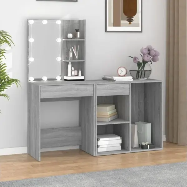 Coiffeuse - Table De Maquillage à LED Avec Armoire Sonoma Gris Bois Dingénierie