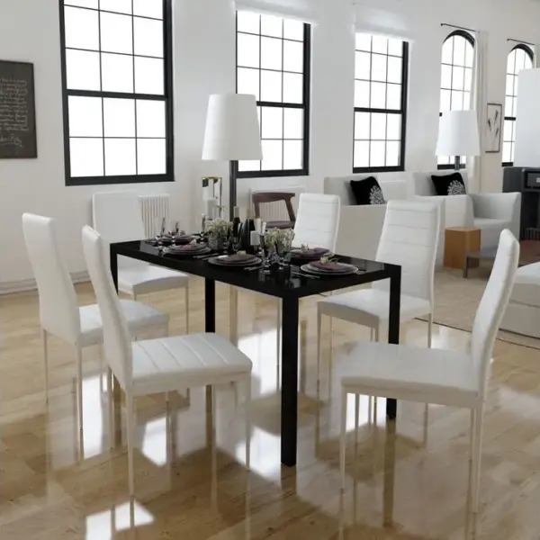 7 Pièces Ensemble De Table à Manger Avec 6 Chaises - Ensemble De Salle à Manger Noir Et Blanc