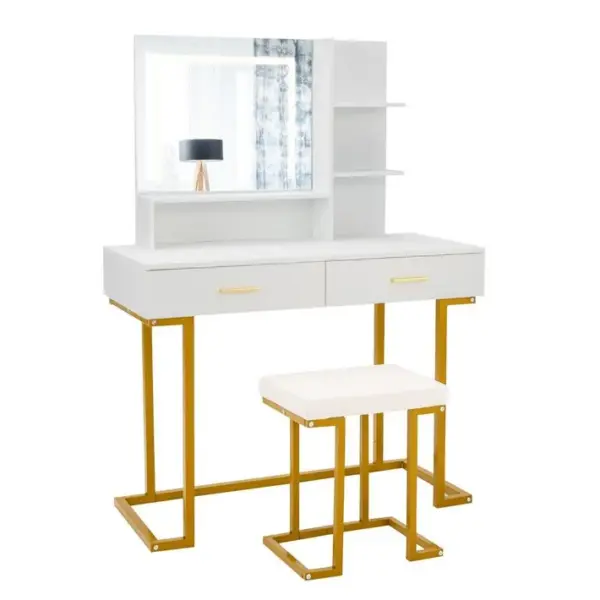 Coiffeuse - Table De Maquillage Avec Miroir Lumineux Et Tabouret Avec 2 Tiroirs 2 Étagères Acier