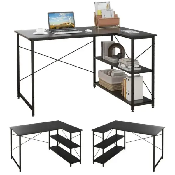 Bureau Dangle Réversible Bureau Dordinateur Avec Étagères De Rangement - 120x88x74,5 Cm - Noir