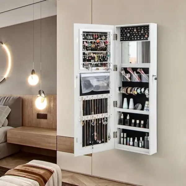 Armoire à Bijoux Avec Ecran Tactile LED Verrouillable Rangement Pour Bijoux Et Cosmétiques Blanc