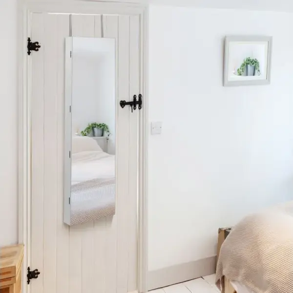 Armoire à Bijoux Avec Miroir LED, Multiples Rangements Avec Crochets Pour Porte 120x36x10 Cm Blanc