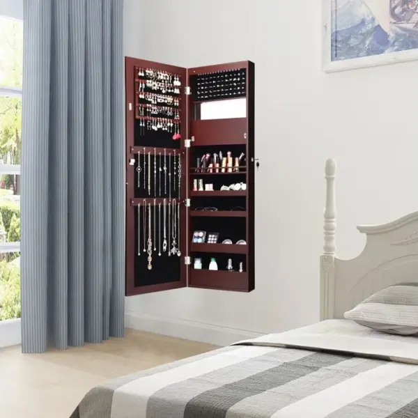 Armoire à Bijoux Murale Avec Miroir LED Intégrées Porte Verrouillable Avec 2 Clés 37x9x119cm Marron