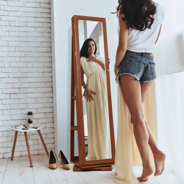 Armoire à Bijoux Pivotante à 360 Degrés Avec Grand Miroir Psyché Et Etagère De Rangement Marron