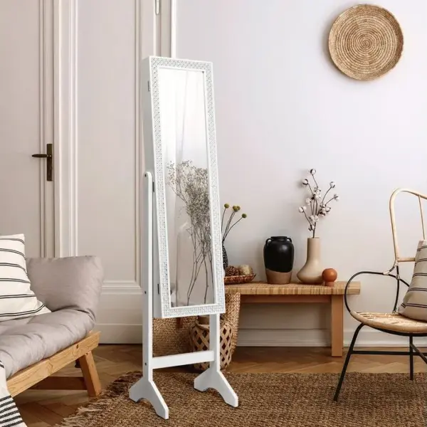 Armoire à Bijoux Sur Pied 2 En 1 Rangement Avec Miroirs Romantique 153x35,5x33cm Blanc