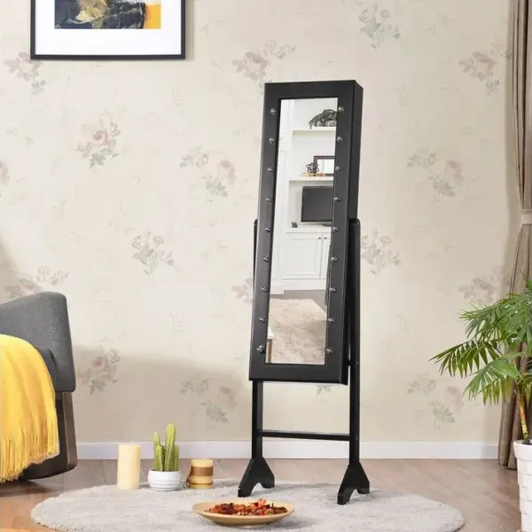 Armoire à Bijoux Sur Pied Avec Miroir 18 LED Angle Réglable Doublure En Velours 35x31,5x145cm Noir