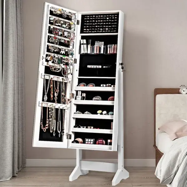 Armoire à Bijoux Sur Pied Avec Miroir Inclinable Serrure Doublure 41x36,5x146cm Blanc