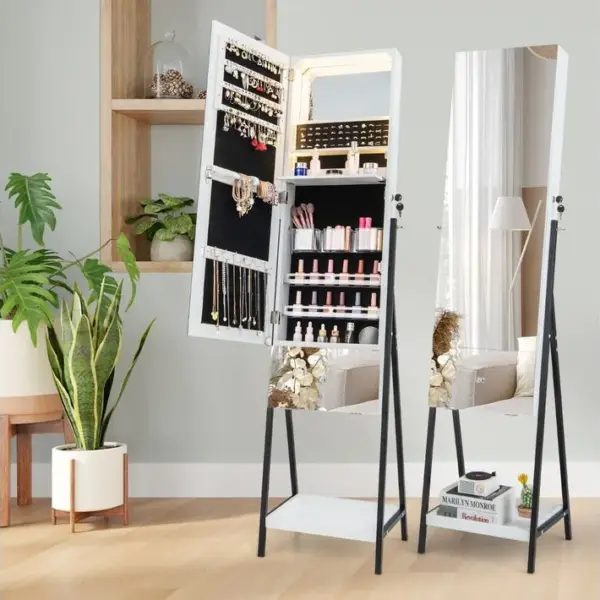 Armoire à Bijoux Sur Pied Miroir Pleine Longueur LED 3 Couleurs Miroir Intérieur Verrouillable Blanc