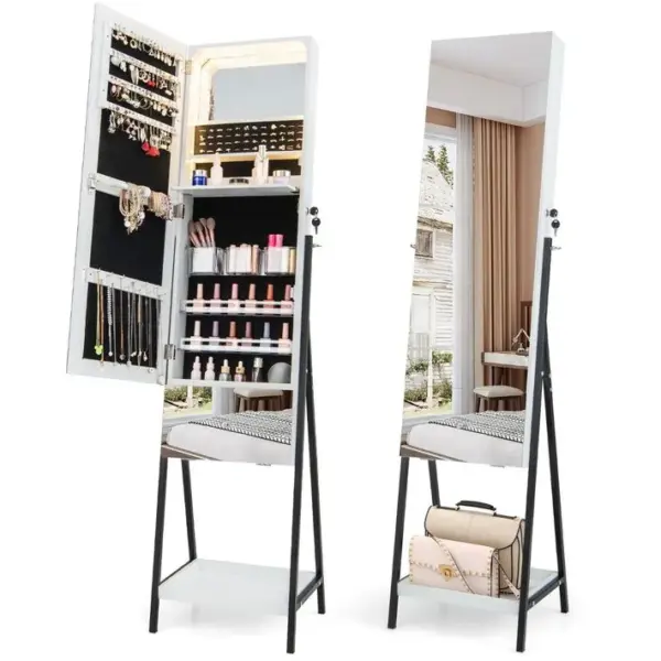 Armoire à Bijoux Sur Pied Miroir Pleine Longueur LED 3 Couleurs Miroir Intérieur Verrouillable Blanc