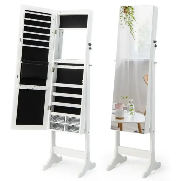 Armoire à Bijoux Sur Pieds Miroir Pleine Longueur Avec Grand Espace De Rangement 41x36x158cm Blanc