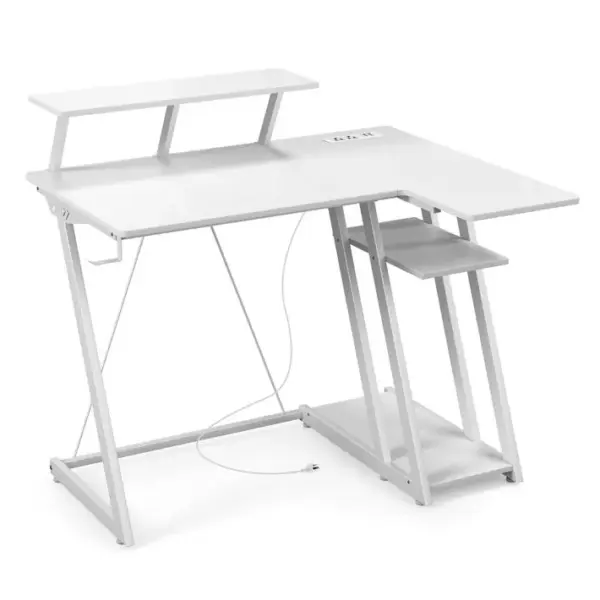 Bureau Gaming, Bureau Gamer, Table De Jeu Avec Prises Et Ports USB Petit 107x45x93 Cm Blanc