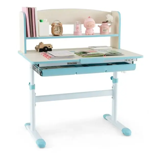 Bureau Detude Pour Enfants Réglable En Hauteur Plateau Inclinable Avec Huche 80x51x81,5-104cm Bleu