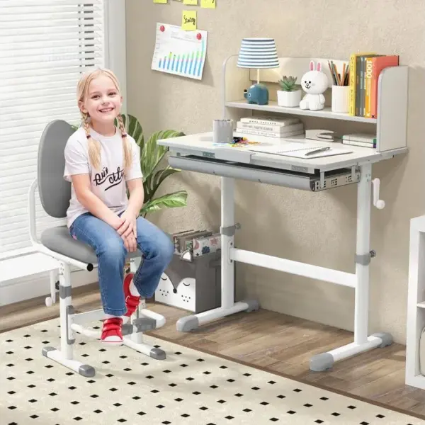 Bureau Detude Pour Enfants Réglable En Hauteur Plateau Inclinable Avec Huche 80x51x81,5-104cm Gris