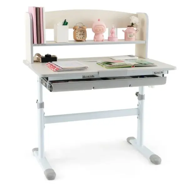 Bureau Detude Pour Enfants Réglable En Hauteur Plateau Inclinable Avec Huche 80x51x81,5-104cm Gris