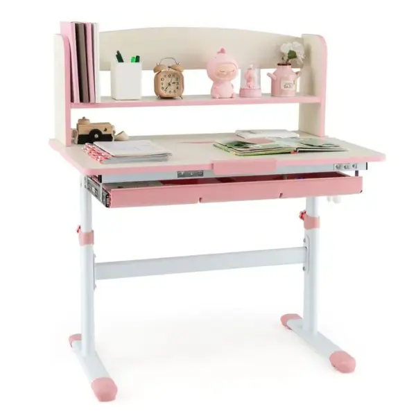 Bureau Detude Enfants Réglable En Hauteur Plateau Inclinable Avec Huche 80x51x81,5-104cm Rose