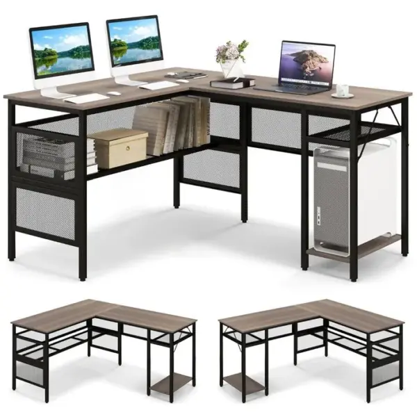 Bureau Dangle, Bureau Dordinateur Réversible Avec Étagères En Treillis Support Cpu Gris